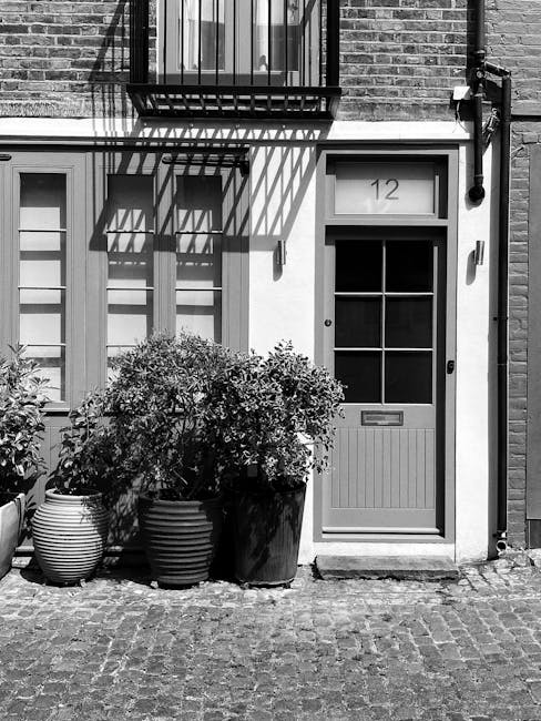 Black and white image of a residential front entrance featuring a door with a glass panel divided into nine sections, numbered '12' above it. To the left of the door, there are three large potted plan